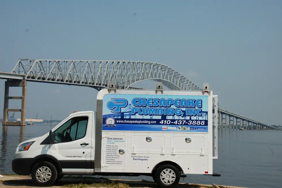 Chesapeake Plumbing service van parked on the water in Anne Arundel County, Maryland